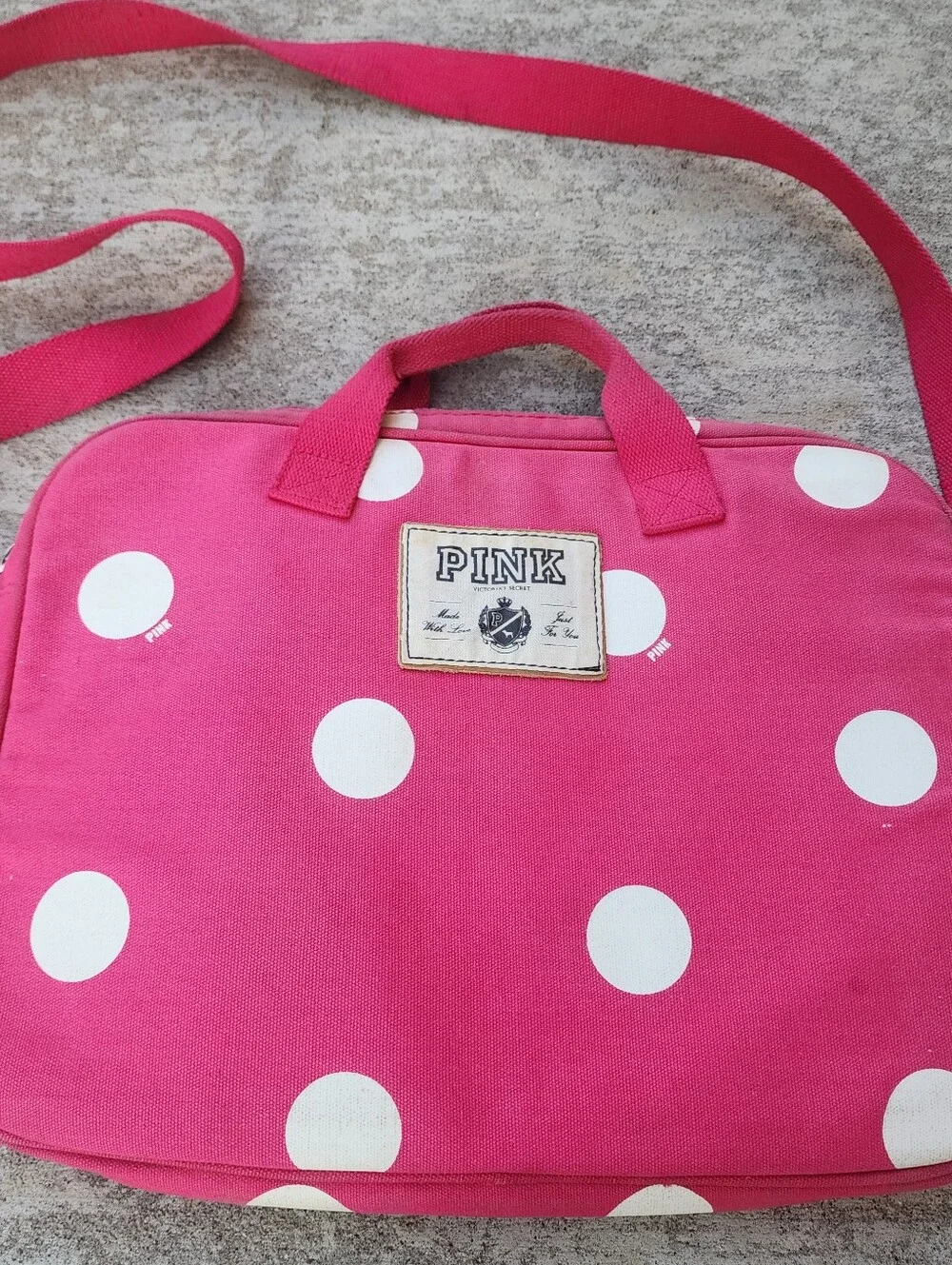 PINK Victoria's Secret Y2K Hot Pink White Polka Dot Canvas Laptop Bag Crossbody